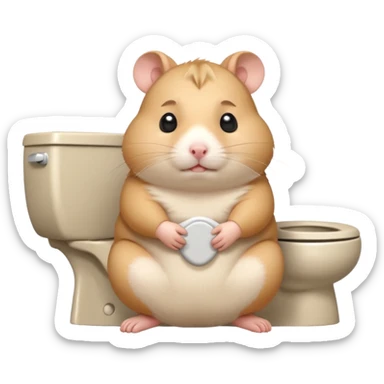 Cute chubby cartoon-style hamster sitting on toilet looking as if he had an accident, sticker-style illustration sticker