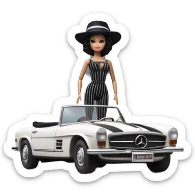 Bouclé Beauty Lingerie Barbie, 1965 Wednesday Addams from academy, in dark-gray and black striped outfit with hat. Driving 1978 Mercedes convertible sports car  sticker