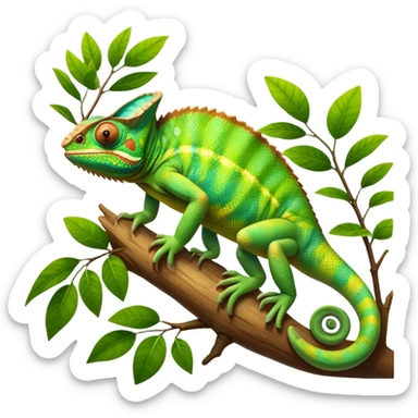 Giant Chameleon blending into natural surroundings, perched on a branch. Its vibrant colors shift with the environment. Lush greenery, branches, and soft sunlight create a peaceful, nature-filled background. Transparent background, showcasing the chameleon's colorful, textured skin. sticker