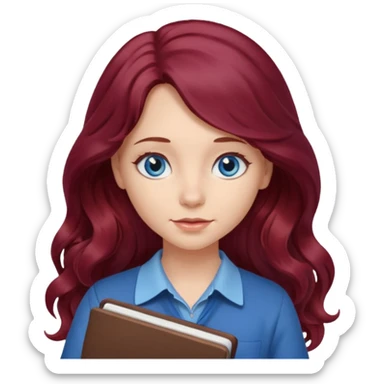 girl with long wavy burgundy hair, blue eyes and a notebook sticker