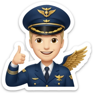 Slack-style emoji of a pilot wearing a slightly tilted navy captain hat with gold wings, giving a thumbs-up, big cheerful smile, eyes closed or happy squint sticker
