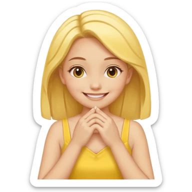 yellow smiling face girl with both hands flat under chin fingers touching sticker