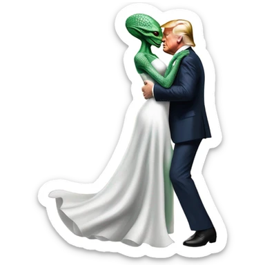 Alien reptilian woman in white dress hugs and kissing donald trump sticker