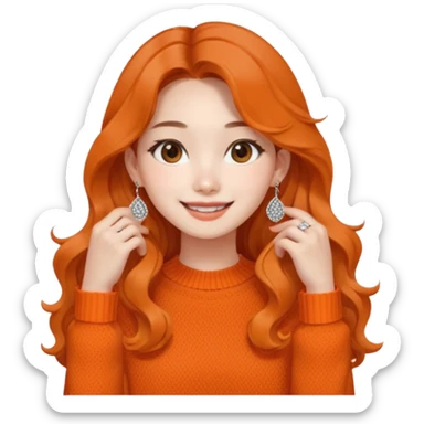 Korean 24-year-old female online shopping mall seller / Orange knit / White face / Earrings / Smiling expression / Long wavy hair / Influencer vibe / Fashionable sticker