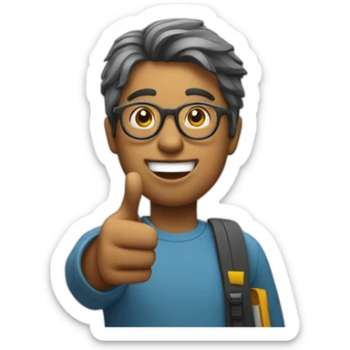 A student with glasses pointing to the left and asking a question sticker