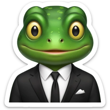 ["Green frog head, dressed in a black suit with a black tie."] sticker