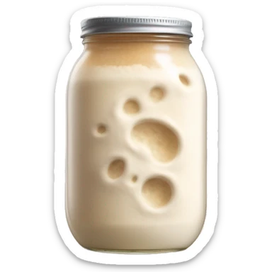 Bubbly Sourdough starter in a jar slightly overflowing down the side sticker