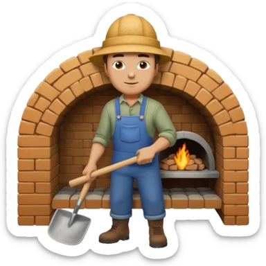 man loading shovel into round brick oven three quarters view  sticker