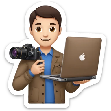 man's head with dark brown hair, holding a laptop and a camera, upbeat and approachable sticker
