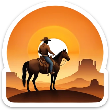 Cowboy riding off into the sunset.  Rear view with cowboy and horse silhouetted against the orange round sun setting on a desert western horizon ahead. sticker