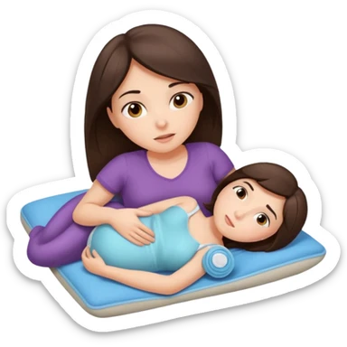  a brunette girl lying down on her side, holding a warm heating pad against her lower belly, she’s having bellyache sticker