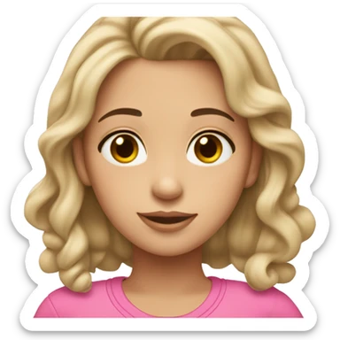 A slightly brunette girl with pretty features wearing a pink hair tie and medium length dark brown hair with blonde ends wearing a pink outfit sticker