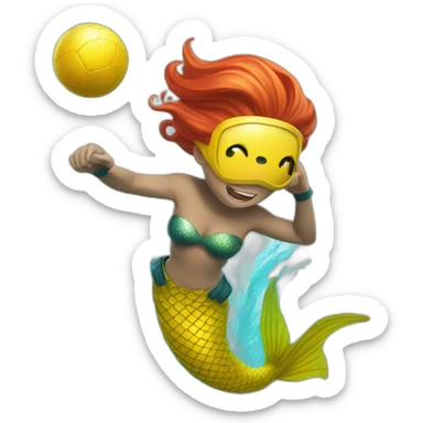 Underwater man redhead mermaid swimming with fins, snorkel equipement, holding a small yellow ball, looking strong and fighting sticker