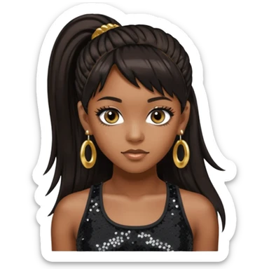 Left Eye from TLC with long dark brown ponytail hair, black sequin crop top, black earring sticker