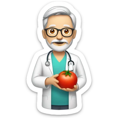DOCTOR WITH WRINKLES, MAN, FULL GREY BEARD, GREY AND WHITE SHORT HAIR, DARK RED GLASSES, holding a tomato on his palm sticker