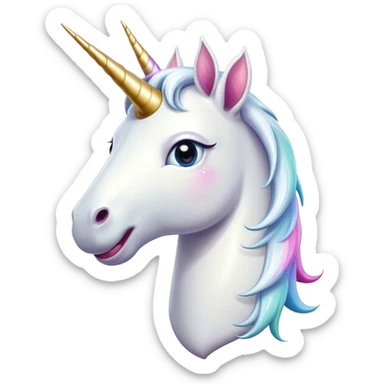 Cinematic Comical White Unicorn Portrait Emoji, Head tilted dramatically with an exaggeratedly amused expression, featuring a slender, radiant form with a playfully sparkling horn and wide, comically expressive eyes full of enchanting disbelief, Simplified yet hilariously expressive features, highly detailed, glowing with a slightly sassy magical glow, high shine, dramatic yet playful, stylized with an air of cheeky mythic mischief, soft glowing outline, capturing the essence of a meme-worthy white unicorn that looks ready to prance its way into viral fame! sticker
