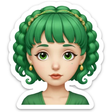green curly  haired with hair bangs big head accessory big nose mid size ear old piercing  sticker