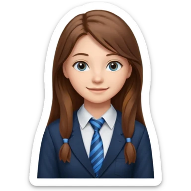 high school class room with a pretty female high school student with long brown hair, blue eyes, wearing a tie, sitting in front of the blackboard sticker