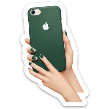 female hand with nude manicure (5 fingers) holding a white iPhone in a dark green case, minimalism, side view sticker