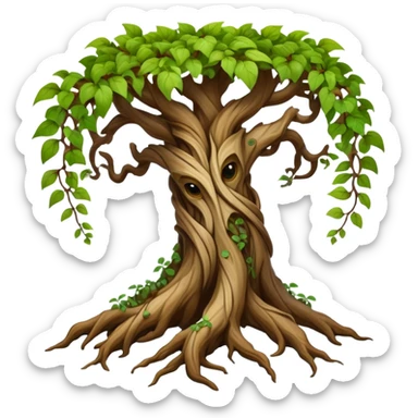 A quadrupedal creature with a body composed of twisted bark and gnarled wood, its limbs branching into root-like digits and its back sprouting a canopy of leaves that change color with its mood.

 sticker