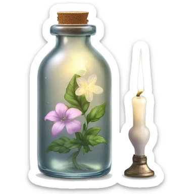 White magic fairy light sparkling old Antique bottle with poison and with herbal and flowers sticker