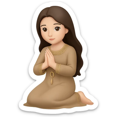 Change the dress color to tan, keep the woman kneeling and praying, long dark brown hair, emoji style, no background. The style should resemble emoji style with simple and clear features. sticker