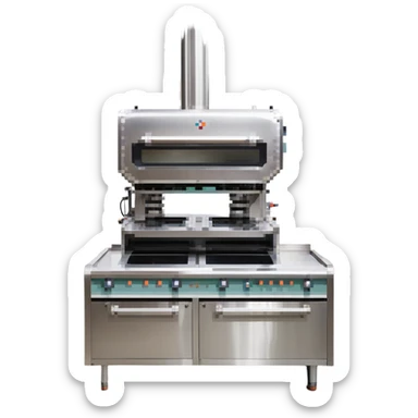 A robotic baker with stainless steel limbs, built-in mixers, and a retro-futuristic oven. The environment is industrial-chic: brushed metal surfaces, LED panels, and mechanical arms. UI mimics control panels with toggle switches, rivets, and analog dials. sticker