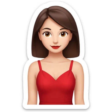Cartoon emoji of a young brunette woman with fair-medium skin, brown eyes, wearing a red outfit. Full-height, standing confidently in a red dress  posing sexy with a smile and relaxed posture. Smooth, friendly, stylized, make up on, flirty eyes and smile in a sexy position  sticker