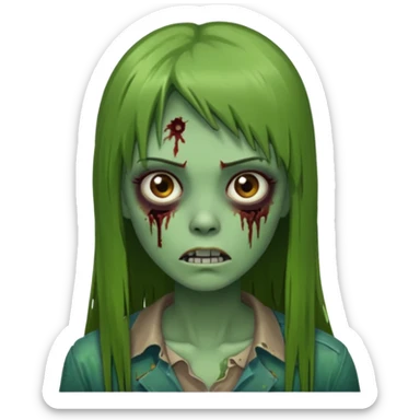 Zumbi feminino, de pele verde, cabelo marrom, longo, liso e castanho com franja reta sticker