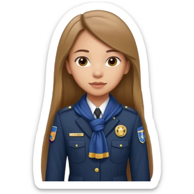 Young girl, long brown straight hair, wearing uniform jacket with hotel name badge, tasteful scarf, stand behind the desk

 sticker