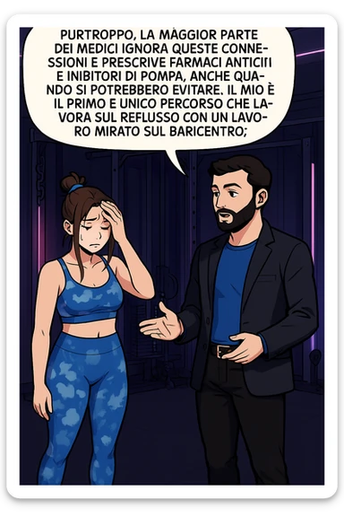 TRASFORMA QUESTO CAROSELLO IN UN FUMETTO STILE WEBTOON/MANGA A COLORI CON QUESTE DUE PERSONE IDENTICHE CHE INTERLOQUISCONO TRA LORO, L'uomo sta spiegando alla donna questo concetto MENTRE LA DONNA SI TIENE la mano sulla fronte sconcertata:

LUI (UOMO): Purtroppo, la maggior parte dei medici ignora queste connessioni e prescrive farmaci antiacidi e inibitori di pompa, anche quando si potrebbero evitare.
Il mio è il primo e unico percorso che lavora sul reflusso con un lavoro mirato sul baricentro; sticker