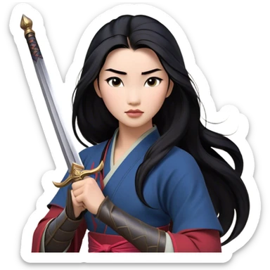 Cinematic Realistic Mulan Portrait, depicted with lifelike skin texture, soft natural lighting, and intricately detailed long black hair styled elegantly. Her deep, expressive eyes exude determination and grace, complemented by a serene yet confident expression. She stands with one hand resting on the hilt of her sword, the other by her side, exuding strength and poise. She is dressed in her classic attire, with rich fabric textures and delicate folds that catch the light beautifully. The portrait features a soft, enchanting glow with a natural, radiant finish, capturing the essence of timeless strength and beauty in a realistic and painterly style, evoking a sense of depth and authenticity. sticker