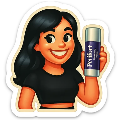 Create an emoji style image of a fair-skinned girl with beautiful black hair, wearing a black crop top, showing a big white smile, holding the exact whitening serum bottle as shown in the reference photo. Render this in the Genmoji emoji style with a transparent background. sticker