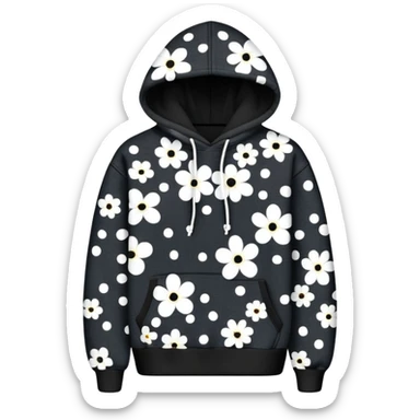 The BLACK Denim Tears Hoodie features a black base with distinctive white and black  open flower spots with empty space in the middle, These hollow ring-like patterns are scattered across. BLACK AND WHITE FLOWERS sticker
