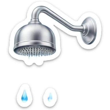 "A clean emoji icon of a silver shower head with blue water droplets falling downward in streams and steam wisps rising, minimal flat design, bright and refreshing colors, transparent background" sticker