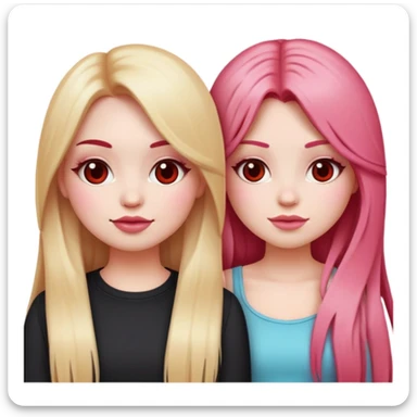Emoji style, two girl best friends. One with a really girly look, big cheeks, long and straight blonde hair and white skin. The second one with long layered deep red hair with a lot of volume and a 80's rockstar look. sticker