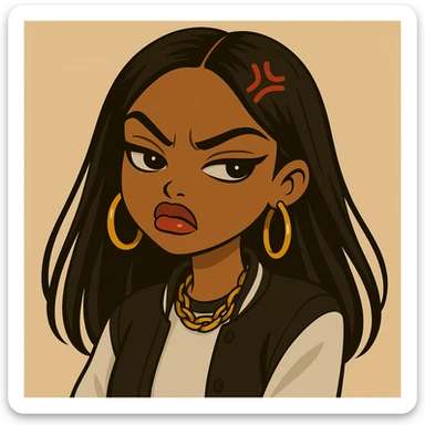 Change the expression to angry with a snooty attitude, keep the side-eye pose, headshot only, 20-year-old anime Bratz style woman with dark skin, straight hair, more casual outfit, big expressive eyes, glossy lips, no hat, no tears, nose turned up. sticker