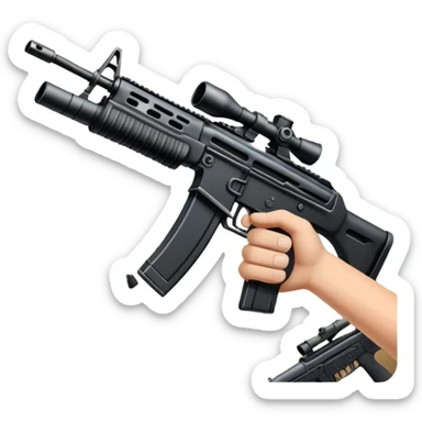 An icon showing hands holding an assault rifle in the foreground, with enemies in the distance and a dynamic landscape as the background. The design captures the intensity of a first-person shooter, with focus on the weapon and action. Transparent background emphasizes the scene. sticker