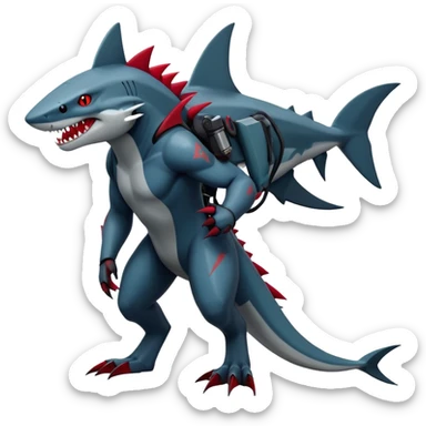 Realistic dark edgy futuristic modern advanced cyborg-Sharpedo-Zoroark-Scizor-canine-vernid-sergal-fursona-hybrid-animal creature with a shark-tail and red scars, full body, with cool sharp markings  sticker