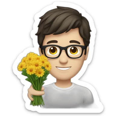white skin guy with dark hair and glasses gives a bouquet of flowers sticker
