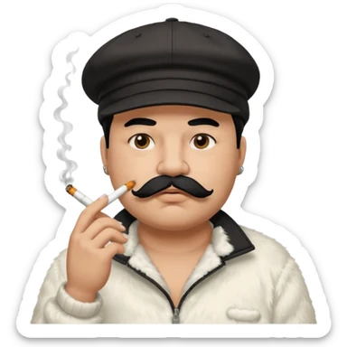 a fat father with white fur, black hair, a hip hop cap, a tattoo with a cigarette in his mouth, and a mustache. sticker