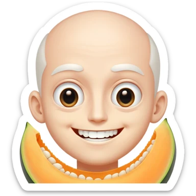 Super idol smiling but with only his upper teeth out and he is very white and he has completely white pupils and the irises are pitch black and his eyes are so big they cover his eyelids and super idol is extremely white and the background is a very whitish cantaloupe color sticker