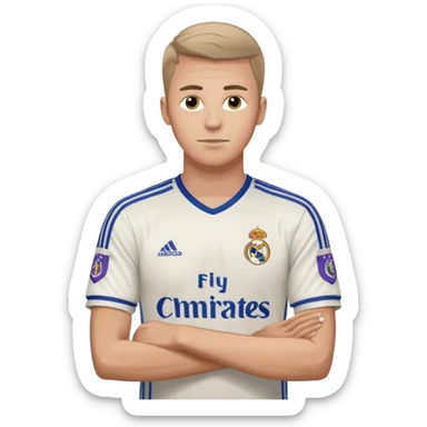 White male wearing Adidas Real Madrid jersey with Champions logo on sleeve sticker