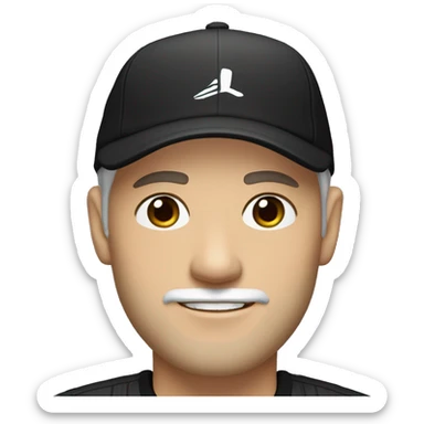 An adult white skin portrait of male with stubble and a slightly gray beard, brown hair, black eyes, wearing a black Reebok cap with a round emblem on his head, and a black sweater with three white stripes on the sleeves underneath. sticker