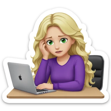 lady with long blonde wavy hair, purple top, green eyes,one elbow one desk hand on face with a laptop looking defeated sticker