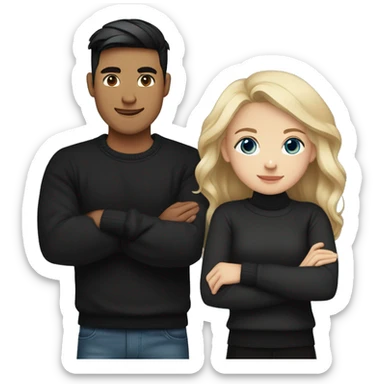 dark Blonde girl with blue eyes in black sweater and an east asian with light skin man with black hair and black eyes hugging sticker