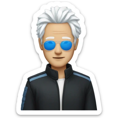 Gojo satoru, japanese man with messy white hair wearing a black high collar jacket, a pair of blue aviators, and has blue eyes sticker