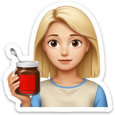Nutella with a spoon. The glas of Nutella is almost empty . Only the one carriage of Nutella. Next to the Nutella is the head of a blond woman who is looking forward to eat the Nutella  sticker