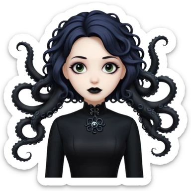 goth lady with tentacles, pale skin, black dress, dark makeup, tentacles as hair sticker