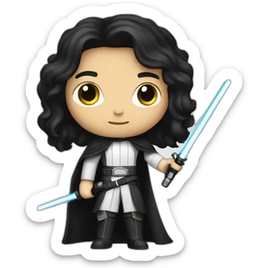 A white Portuguese with long black hair holding a lightsaber sticker
